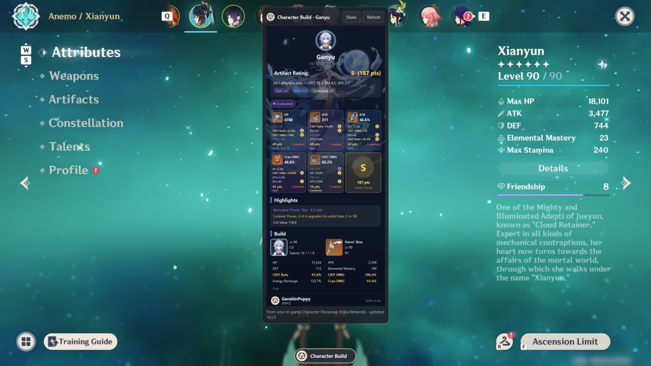 Character build panel on the character screen